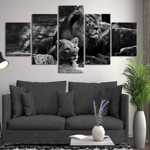 Toile de lion avec fond noir, 5 pièces d'art mural moderne